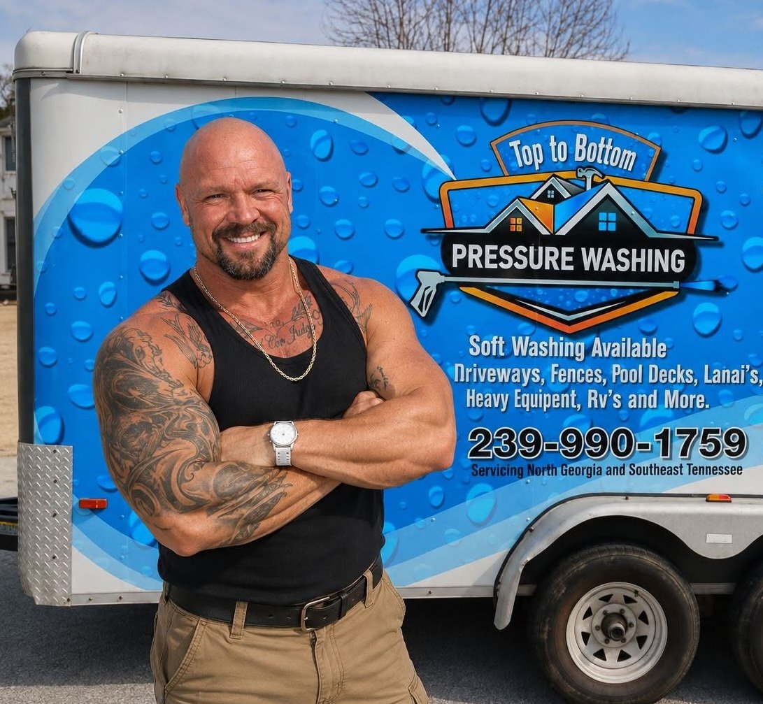 David Darr, owner of Top to Bottom Pressure Washing, standing in front of the company trailer
